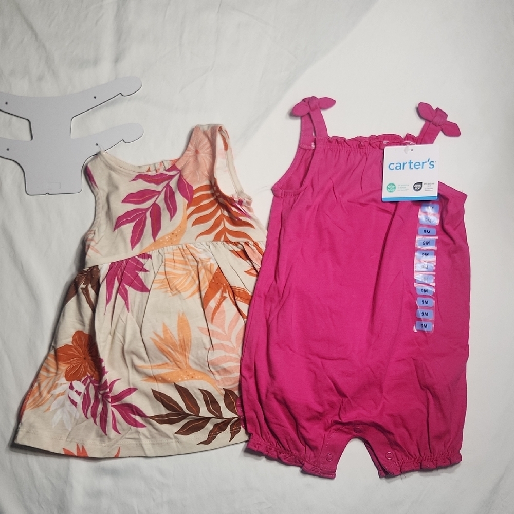 Carter’s Baby Girl 2pc Set 9M Pink Romper + Tropical Dress w/ Diaper Cover NWT